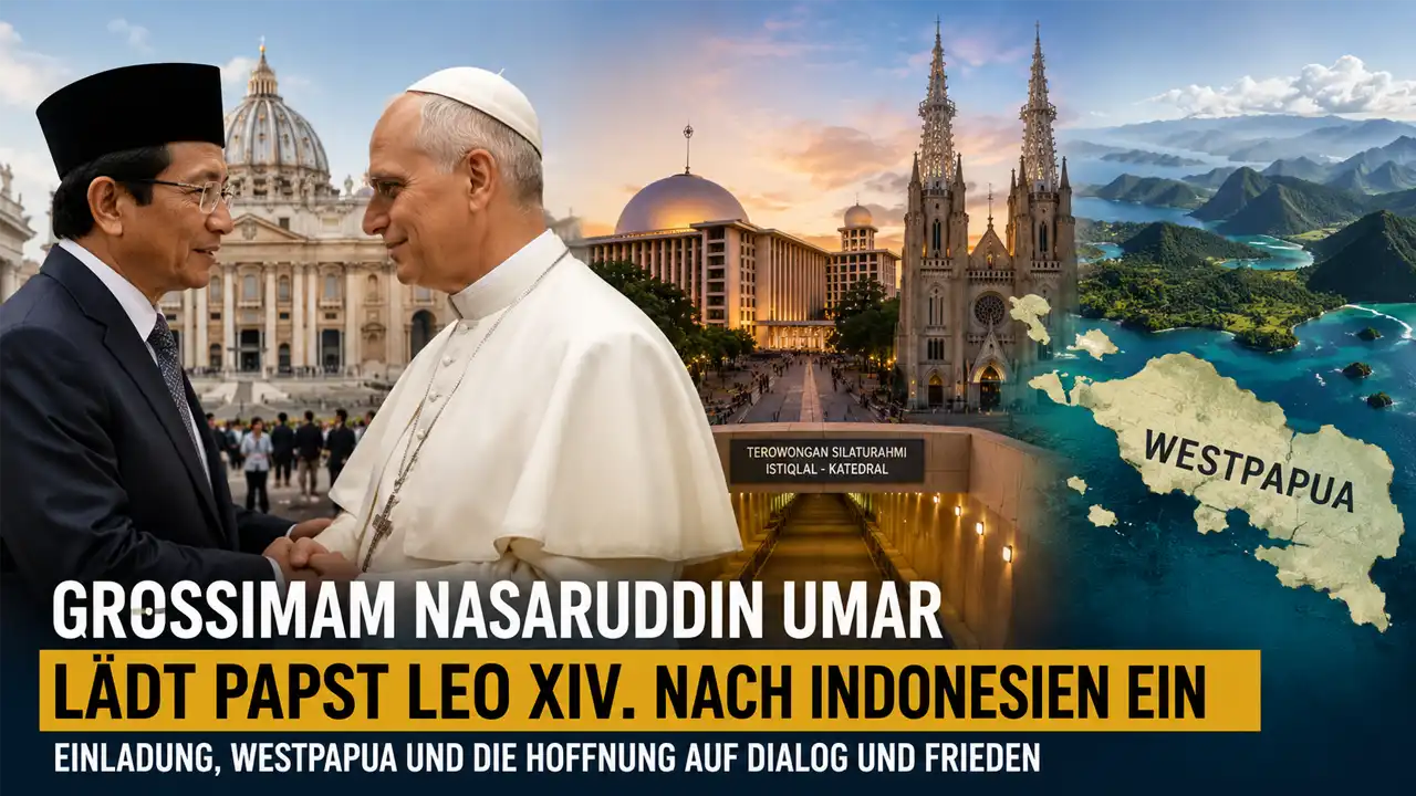 Papst Leo XIV Indonesien: Großimam Nasaruddin Umar trifft den Papst im Vatikan vor einer Darstellung von Jakarta und Westpapua.